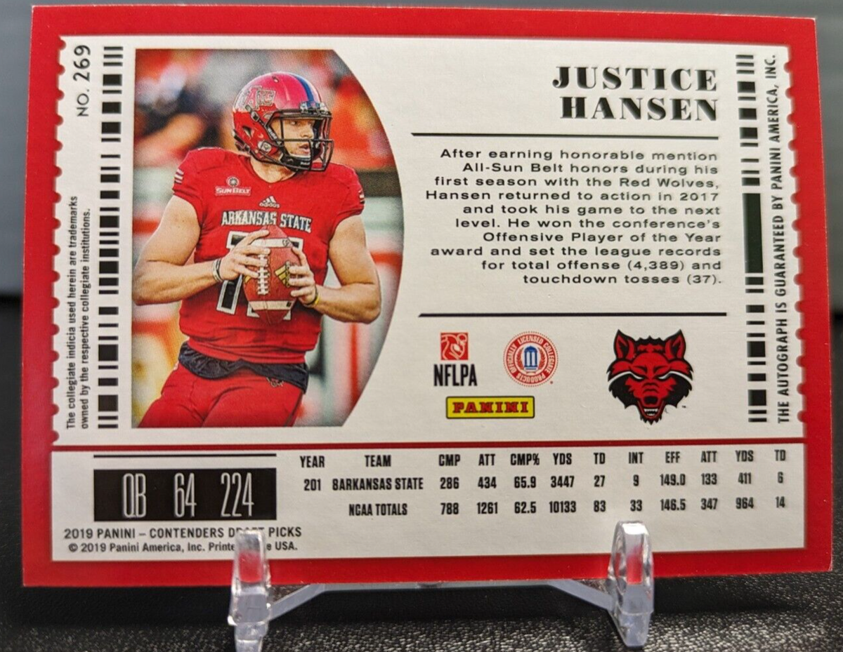 JUSTICE HANSEN 2019 Panini Contenders College Ticket Auto RC