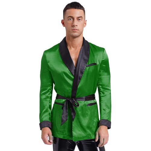 Men's Satin Smoking Jacket Pajamas Bathrobe Kimono Robe with Belt Sleepwear - Picture 23 of 65