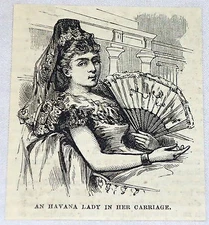 1878 small magazine engraving ~ HAVANA LADY IN HER CARRIAGE ~ Cuba