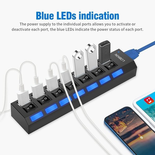 Dockingstationen Nabe 7 Tor USB 3.0 Steckdosenleiste Schalter PC Laptop Notebook - Bild 5 von 7