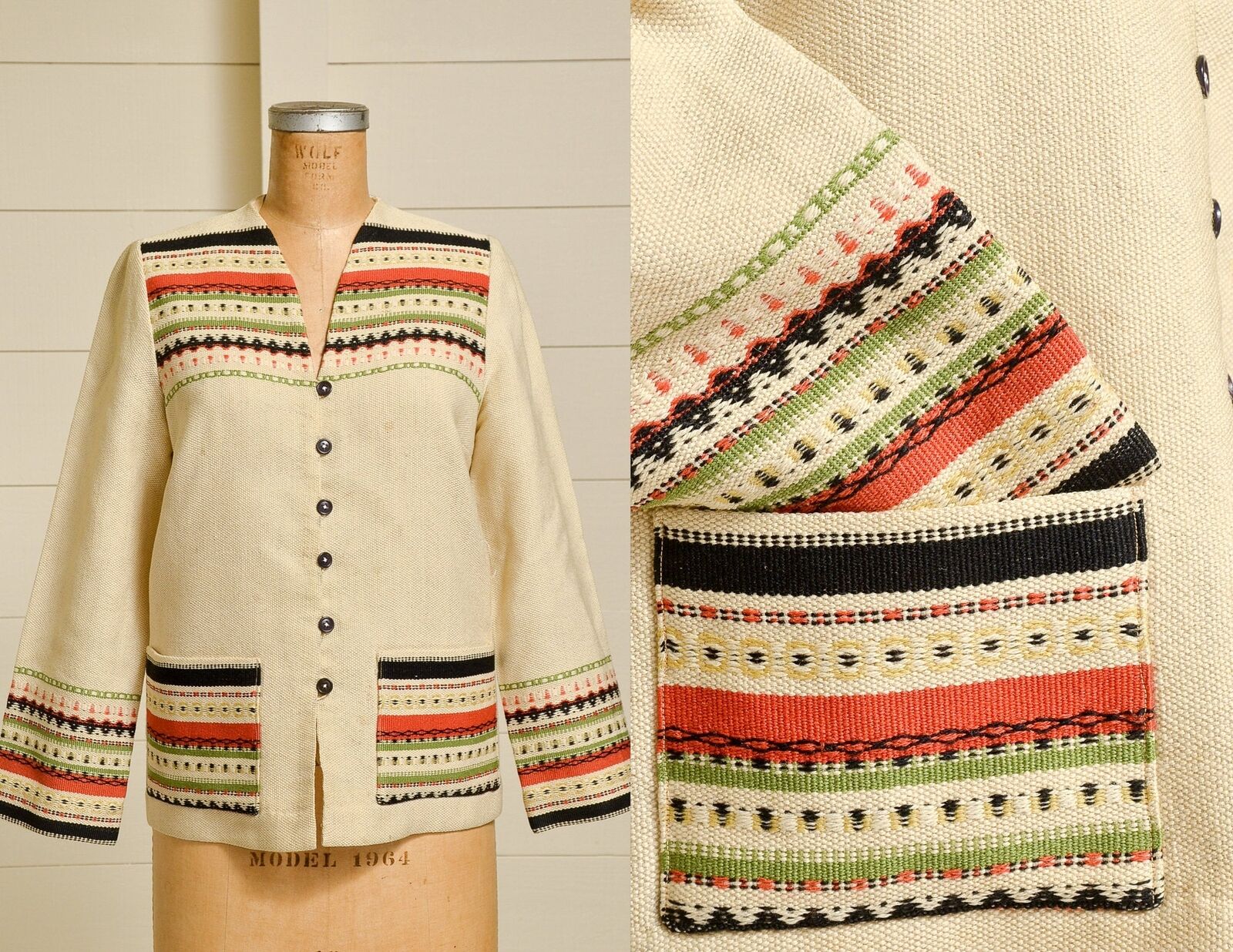 1950s Norwegian Hand Woven Jacket Festive Wool Re… - image 1