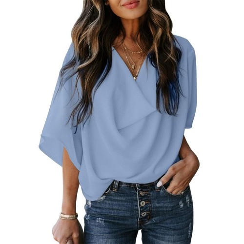 Women Flared Half Sleeve Shirt Casual Loose Drape Cowl Neck Blouses Tops - Picture 36 of 47
