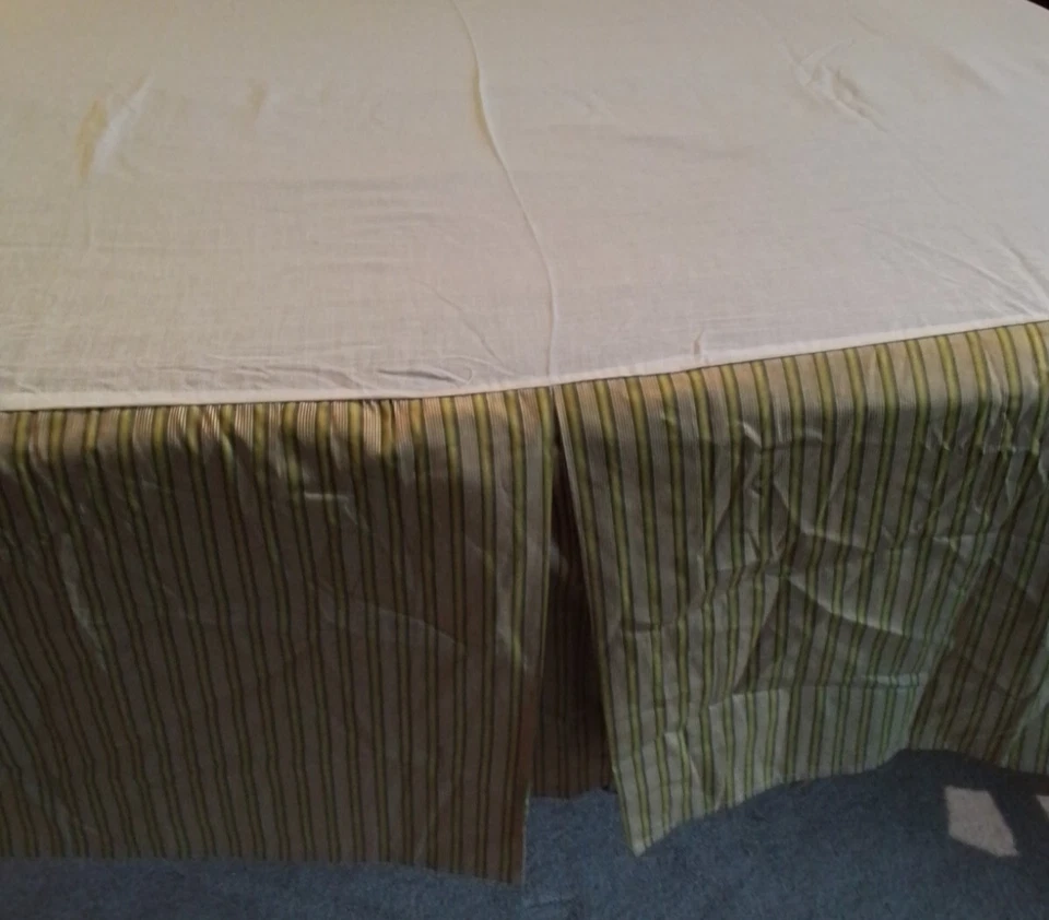 Tommy Bahama Size Queen Bed Skirt Jacobean Stripe Green Beige Cream Box Pleat - Image 2 of 4