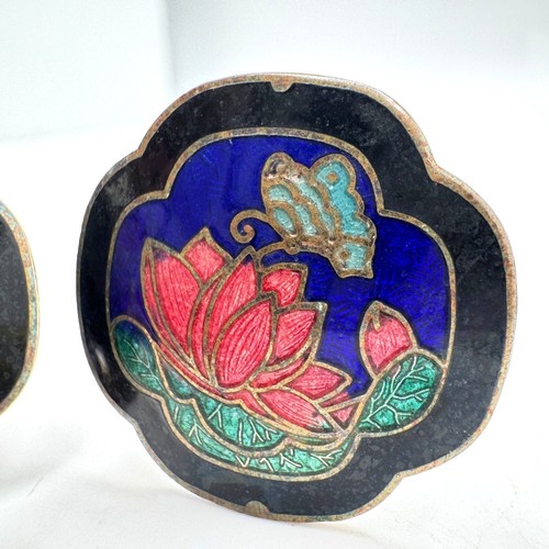 Cloisonne Emaille Ohrringe Lotusblume & Schmetterling Vintage Clip-On - Bild 3 von 9