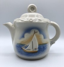 Vintage Nautical Porcelier Tea Pot w/ Lid Sailboat Vitreous China Made in USA