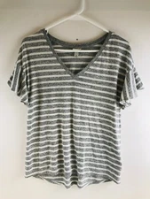 A New Day T-Shirt Women's Size XS Gray White Striped V-neck Flutter Sleeve