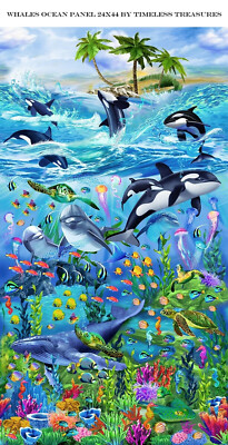 Ocean Breeze Cotton Quilt fabric Timeless Treasures C6145 Panel Whales Orcha