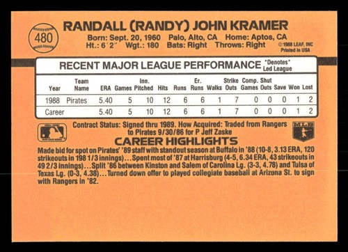 Randy Kramer 1989 Donruss #480 Piratas de Pittsburgh - Imagen 2 de 2