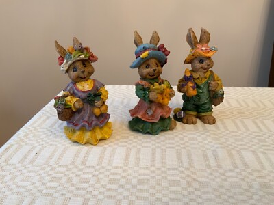 3 Vintage  Bunny Rabbit family Easter Figurines resin carrots birds