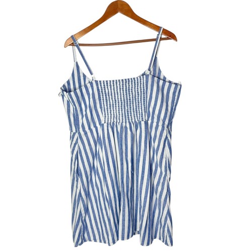 Old Navy Striped Mini Dress Size XXL Smocked Blue White Pocket Vacation BOHO - Picture 2 of 10
