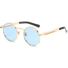 EYLRIM Round Steampunk Sunglasses Hippie Circle Medium, Gold/Ocean Blue