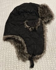 Bomber Trapper Hat Black Brown Faux Fur Quilt Lined Adult Unisex Ear Flaps EUC