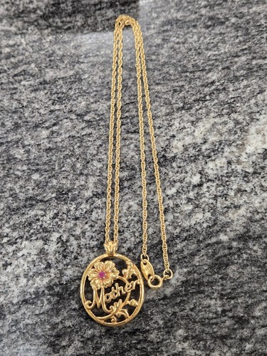 Mutter Blumen Halskette Anhänger von Avon goldfarben Rubin Kristall Kette 18"L - Bild 2 von 3