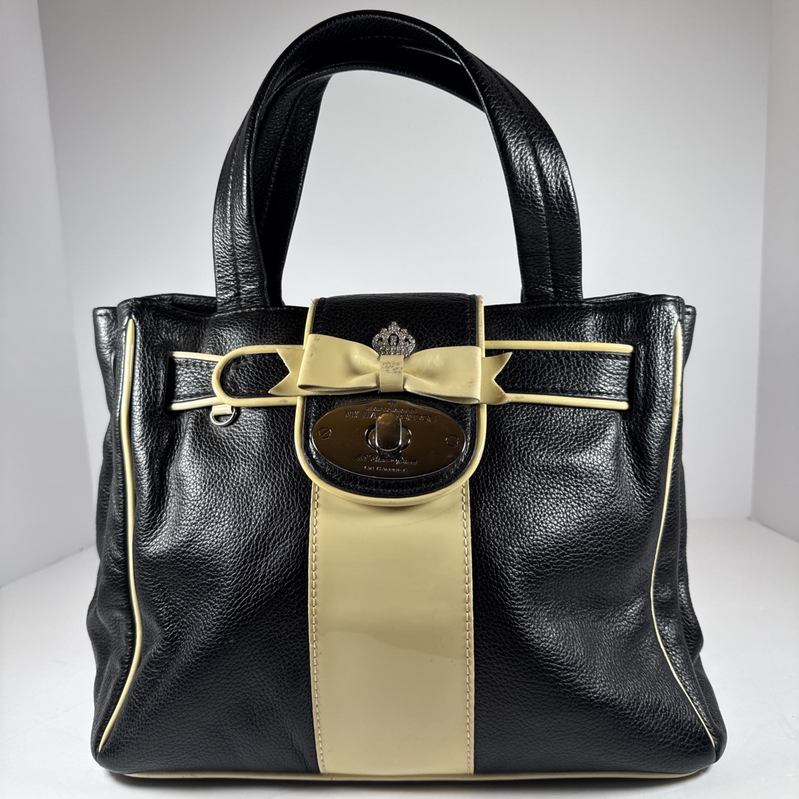 My Flat In London Debutante Black & Cream Pebbled Leather Top/Satchel GUC