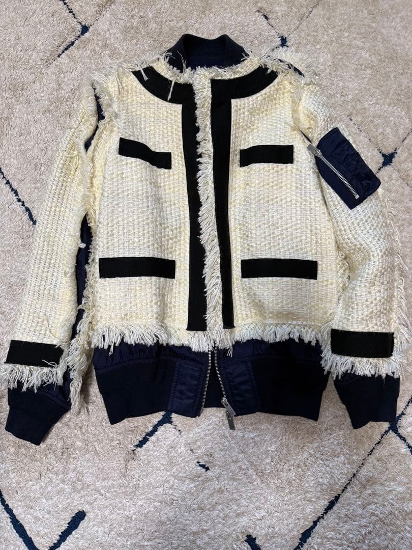 Sacai Tweed Fringe Jacket M Ivory/Navy Long Sleeve Women's Outerwear