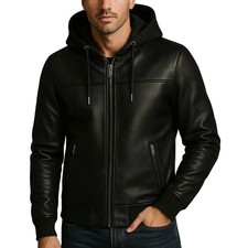 Men s Genuine Leather Hooded Jacket Black Zip-Up Hoodie Style Biker Outerwear