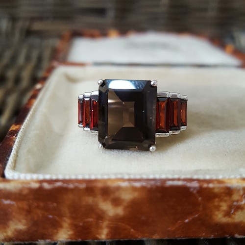 925 Sterling Silver Ring, Natural Smoky Quartz And Garnet Ring, Size N US 6.75 - Picture 6 of 10