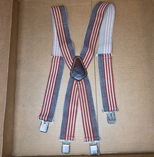 Herren Verstellbare Clip-On Hosenträger Rot Weiß Blau Gestreift Leder Patch