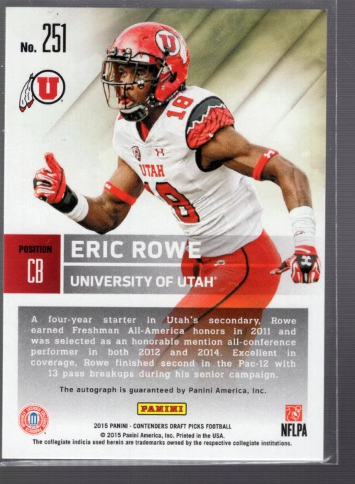 B2183- 2015 Panini Contenders Draft Picks #251 Eric Rowe RC Auto - NM-MT - Image 2 of 2