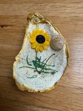 Hand Painted GOLD Trim Decoupage Oyster Shell/ sunflower -jewelry dish 1 of 1