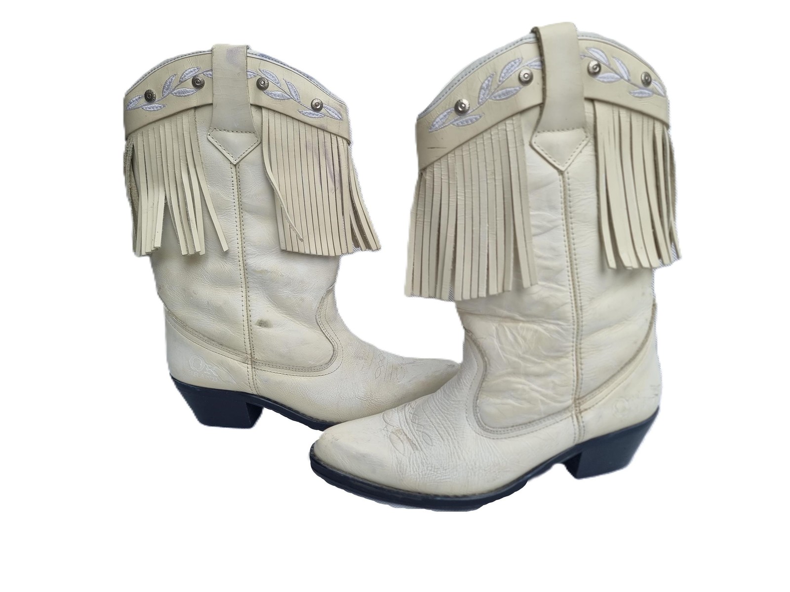Botas occidentales de cuero con flecos UK 6, botas de vaquero blancas EE. UU. 8, vaquera de media pantorrilla