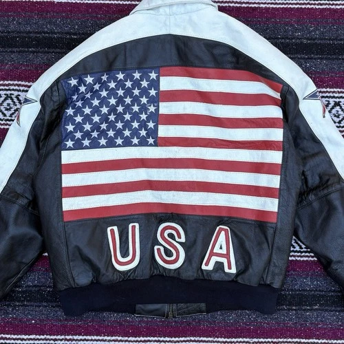 vintage 80s gino leather usa american flag racing bomber jacket L easy rider - product listing photo
