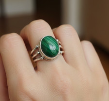925 Solid Sterling Silver Green Malachite Three Line Ring