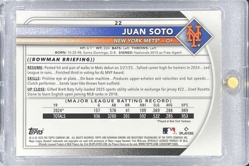 /50 Juan Soto GOLD Sapphire Refractor 2025 Bowman Chrome Sapphire New York Mets - Picture 2 of 2