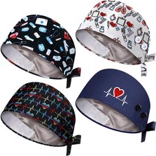4 PCS Satin Lined Nurse Caps Women Nursing Bouffant Button Sweatband Scrub Hat