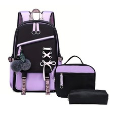 School Backpack for Girls Color-block School Bag with Lunch Box Pencil Case S...