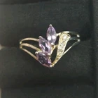 Vintage Marquis Amethyst and Three Diamond Sterling Silver 925 Ring Size 9    R