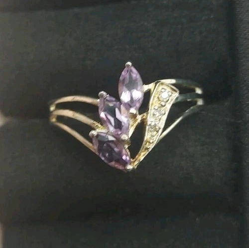 Vintage Marquis Amethyst and Three Diamond Sterling Silver 925 Ring Size 9    R
