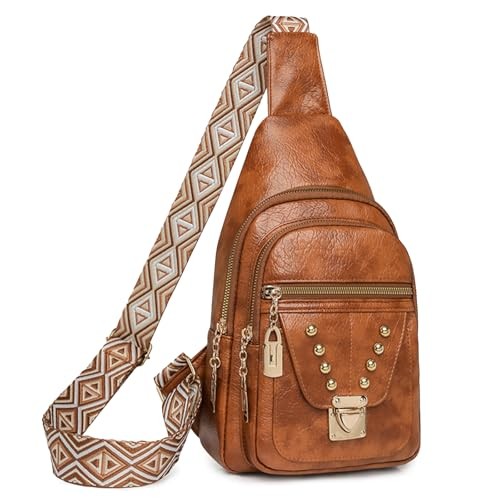 Sling Bag für Damen Crossbody, Leder Umhängetasche Bauchtasche braun goldene Schnalle - Bild 1 von 6