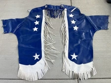 Vintage Chap-Parel Blue Vinyl & Leather Fringe Cowboy Cowgirl Chaps With Stars