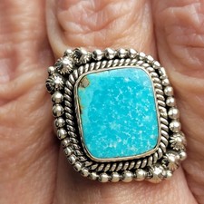 Pretty Turquoise Ring w/Artisan Roping  Beading. 925 Sterling Silver Size Adj.