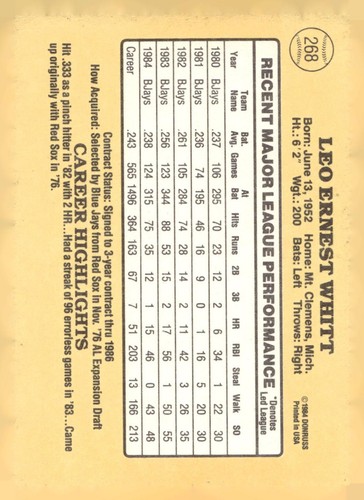 1985 Donruss #268 Ernie Whitt Toronto Blue Jays Baseballkarte - Bild 2 von 2