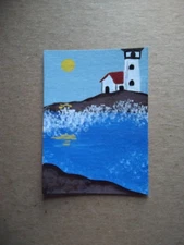 ACEO Original Acrylic Painting Landscape Miniature Art Card ATC Lighthouse 4