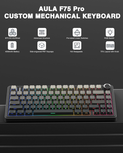 F75 Pro Wireless Mechanical Keyboard,75% Hot Swappable Custom Keyboard with Knob - 第 2/8 張圖片
