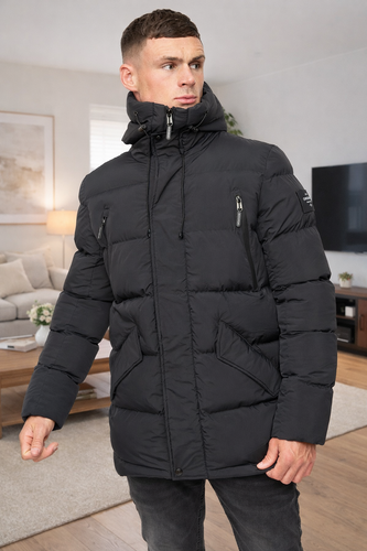 Mens Crosshatch Long above Knee Cosy Parka Jacket Puffer Padded Hooded Warm Coat - Picture 22 of 31