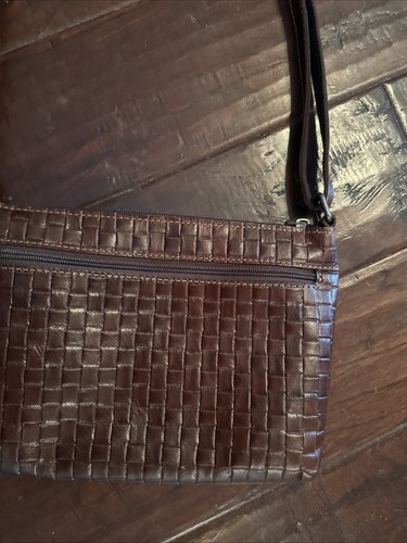 Jack Georges Leather Basketweave Crossbody Bag Purse Brown Adjustable Strap - Picture 3 of 16