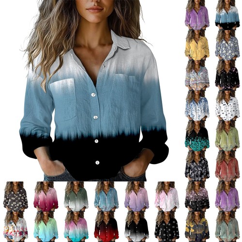 Women's Long Sleeved Tops Printed Button Down Casual Button T Shirt - Picture 18 of 38