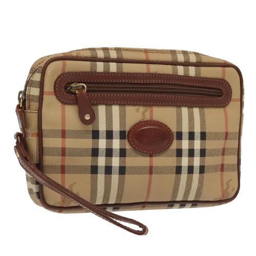 Burberrys Nova Check Clutch Tasche PVC Leder Beige Braun Gold Auth ti2218