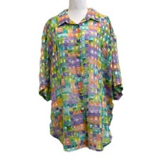 Melissa Robyn VTG Colorful Metallic Sheer Button Up sz 24 Pastel Ribbon Squares