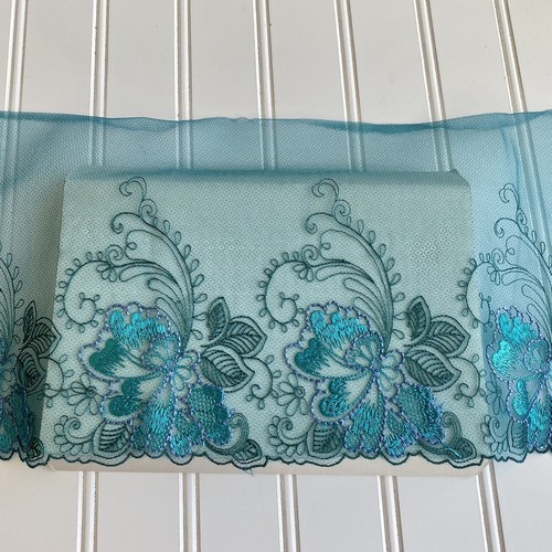 2 Pieces Emerald Green Floral Embroidered Lace Trim for Sewing/Crafts/7.5" Wide - Picture 14 of 21