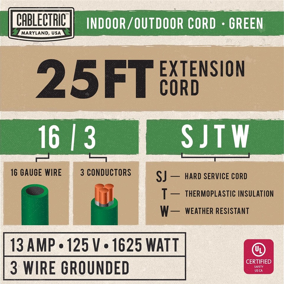25 ft Outdoor Extension Cord 3 Prong, 16/3 SJTW Weatherproof Green