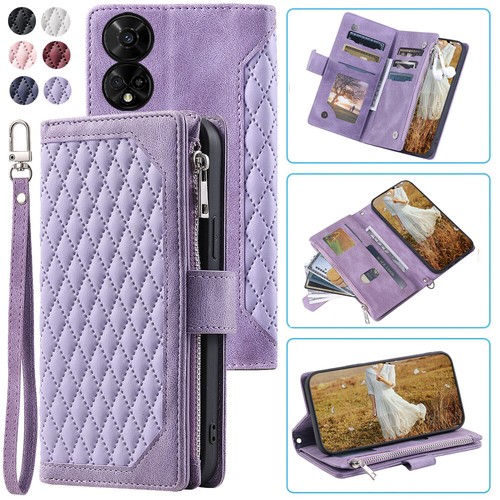TCL 50 SE Rhombic Wallet Case,Luxury Leather Zipper Flip Card Case For TCL 50 SE - Picture 5 of 44