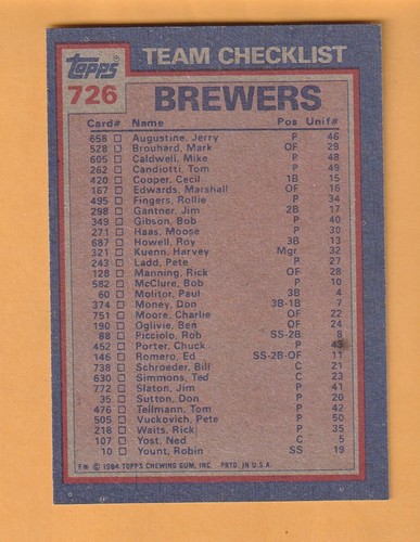 Lista de verificación Ted Simmons Milwaukee Brewers 1984 Topps #726 Salón de la fama 7 años - Imagen 2 de 2