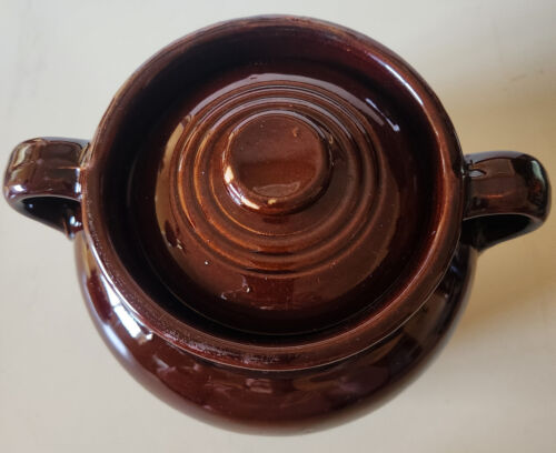 Vintage Large Stoneware Dark Brown USA Bean Pot Crock with Lid - Picture 2 of 9