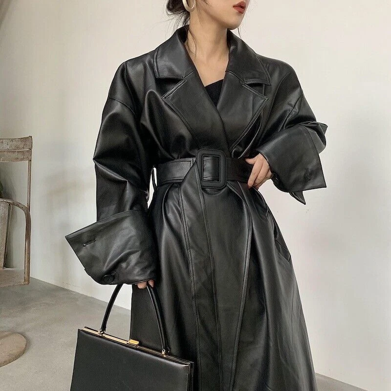 Long Oversized Leather Trench Coat for Women Long Sleeve Black