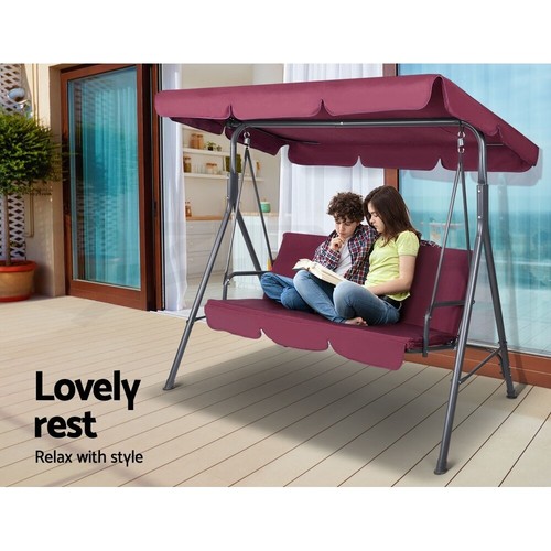 Gardeon Outdoor Swing Chair Garden Bench Furniture Canopy 3 Seater Wine Red - Picture 2 of 11